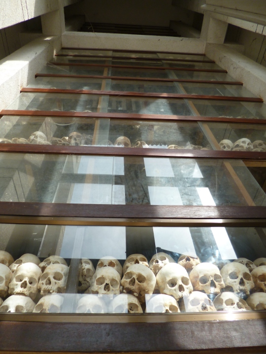 Skulls of thousands of people executed by the Khmer Rouge excavated from the mass graves at the Killing Fields. They include men, women, children and babies.